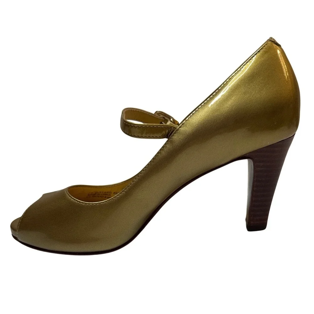 Cole Haan Peep Toe Mary Jane Heels Gold Metallic Patent Leather Buckle Shoes 6.5